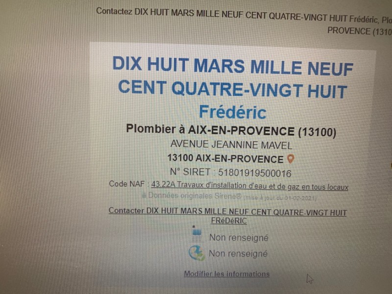 18 mars 1988 Frédéric est un plombier situé à Aix-en-Provence qui effectue des travaux d’installation d’eau et de gaz dans tout le coup